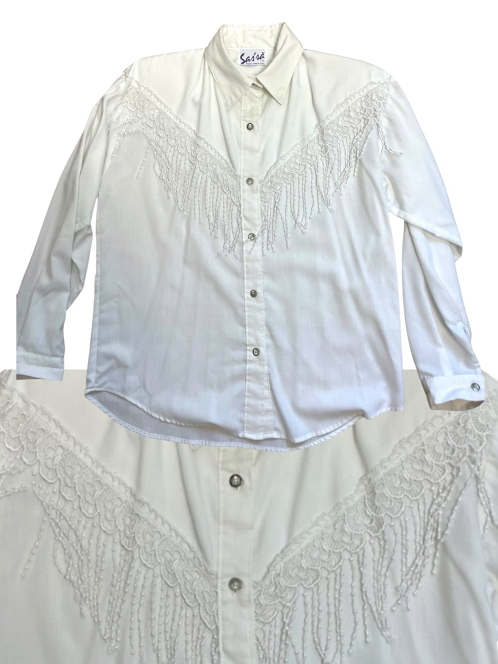 Vintage Sassa Ltd. White Western Button-Down Shirt with Lace & Bead Fringe Sz L